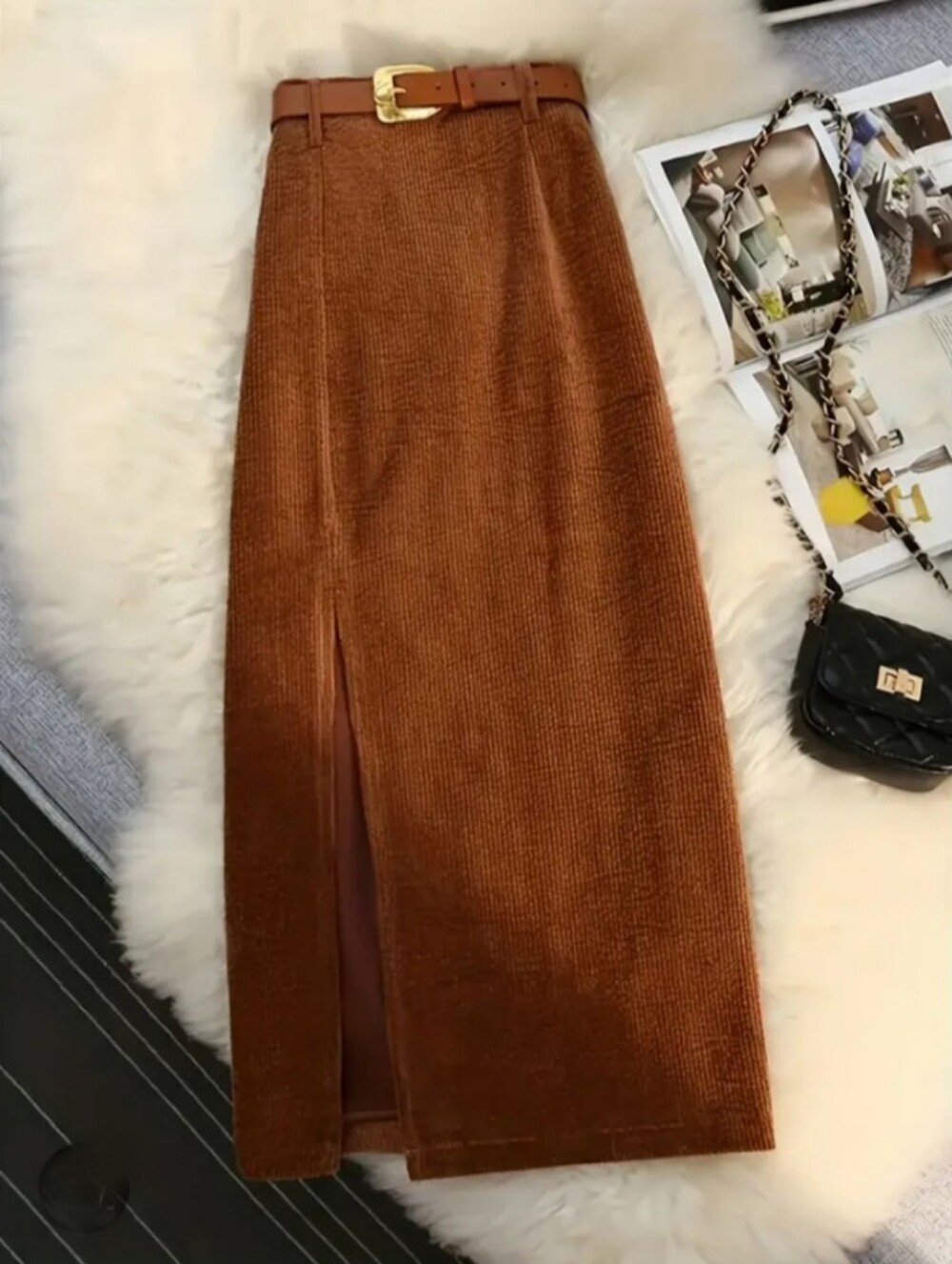 Women Camel Brown Belted Midi Slit Skirt - Picture 1 of 11